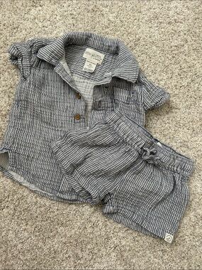 Little Planet Striped Button Shirt & Shorts Set - Blue/White